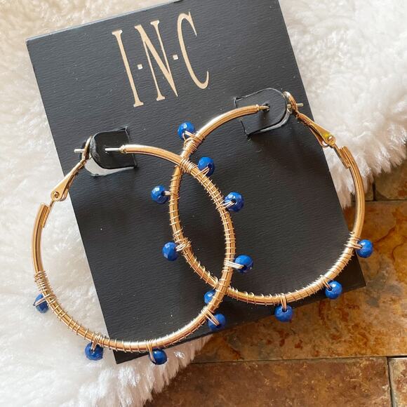 INC Beaded Hoop Earrings Gold Tone Bright Blue Beads New - Picture 1 of 6
